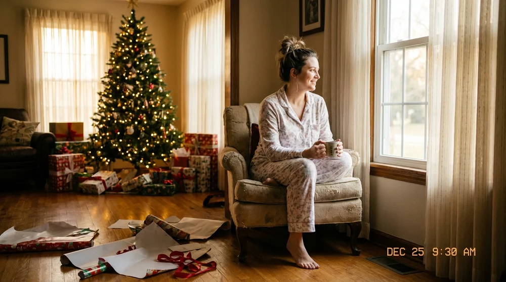 Уютное рождественское утро — девушка в пижаме у ёлки с подарками, документальный стиль