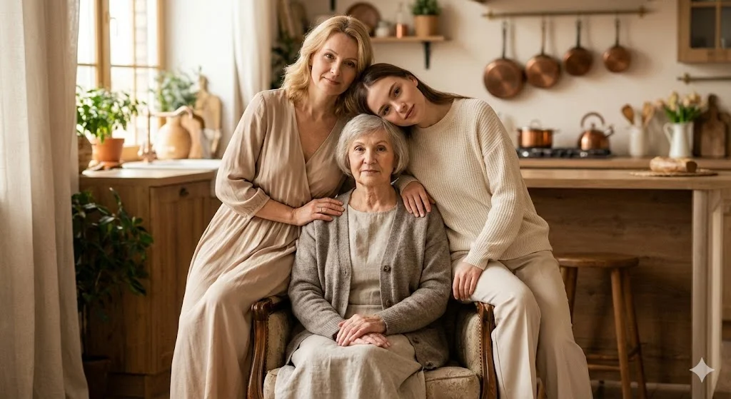 Три поколения женщин — семейный портрет в уютной кухне