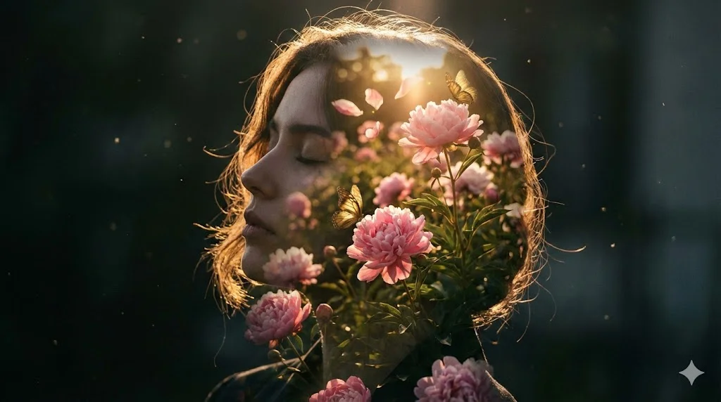 Арт-портрет с двойной экспозицией: силуэт девушки с цветами и бабочками внутри — пример нейрофотосессии