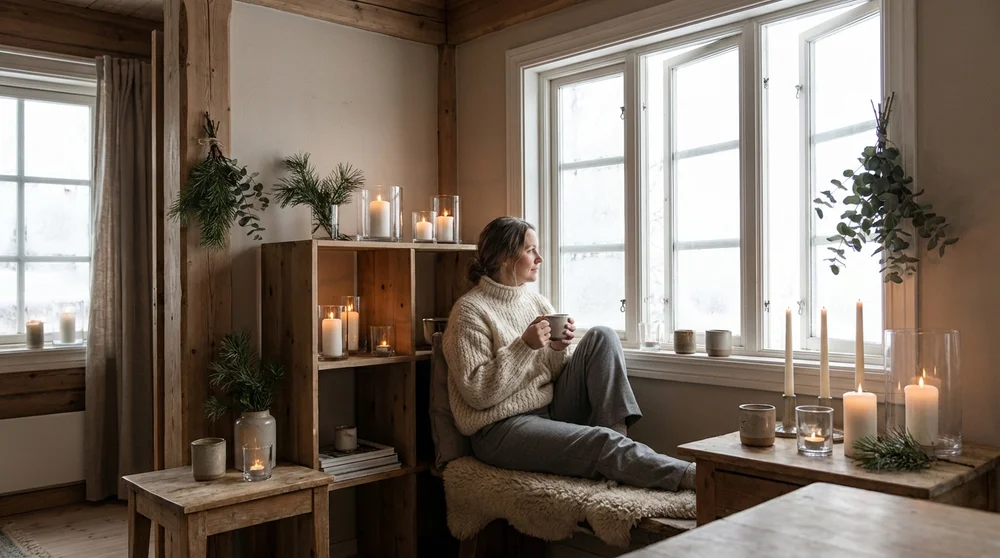 Скандинавский Hygge — девушка в вязаном свитере среди свечей и деревянного интерьера