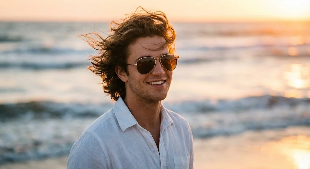 Мужской портрет на пляже в золотой час — нейрофотосессия в стиле lifestyle