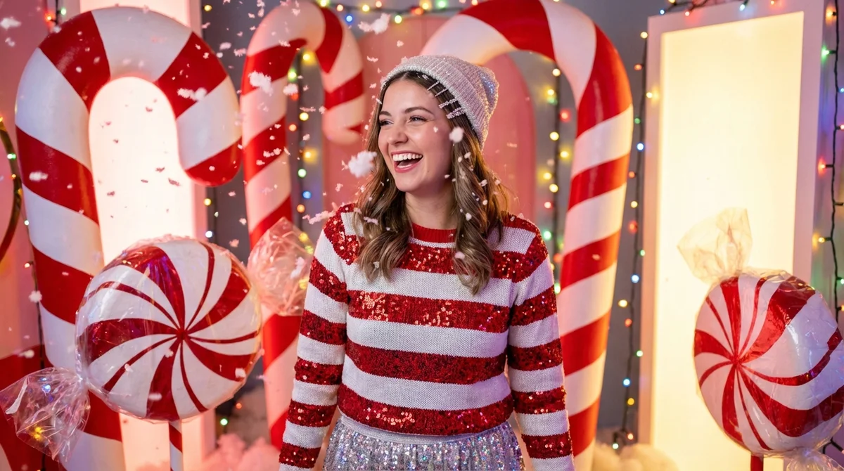 Новогодняя нейрофотосессия Candy Cane Wonderland — девушка среди гигантских карамельных тростей и праздничных огней