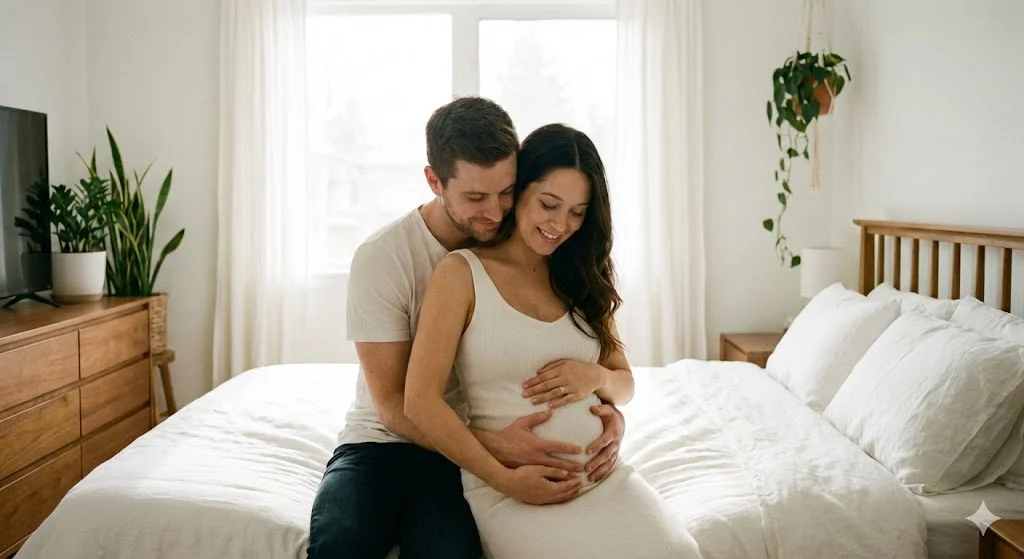 Беременная пара в светлой спальне — нежная фотосессия в ожидании малыша