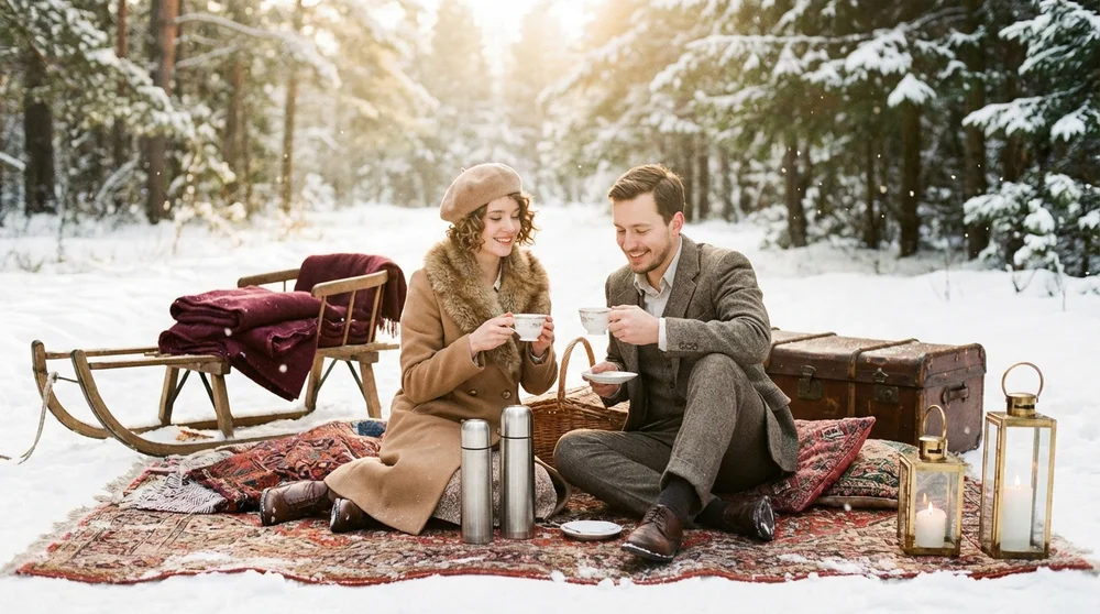 Результат промта: пара на винтажном пикнике в заснеженном лесу с антикварным реквизитом
